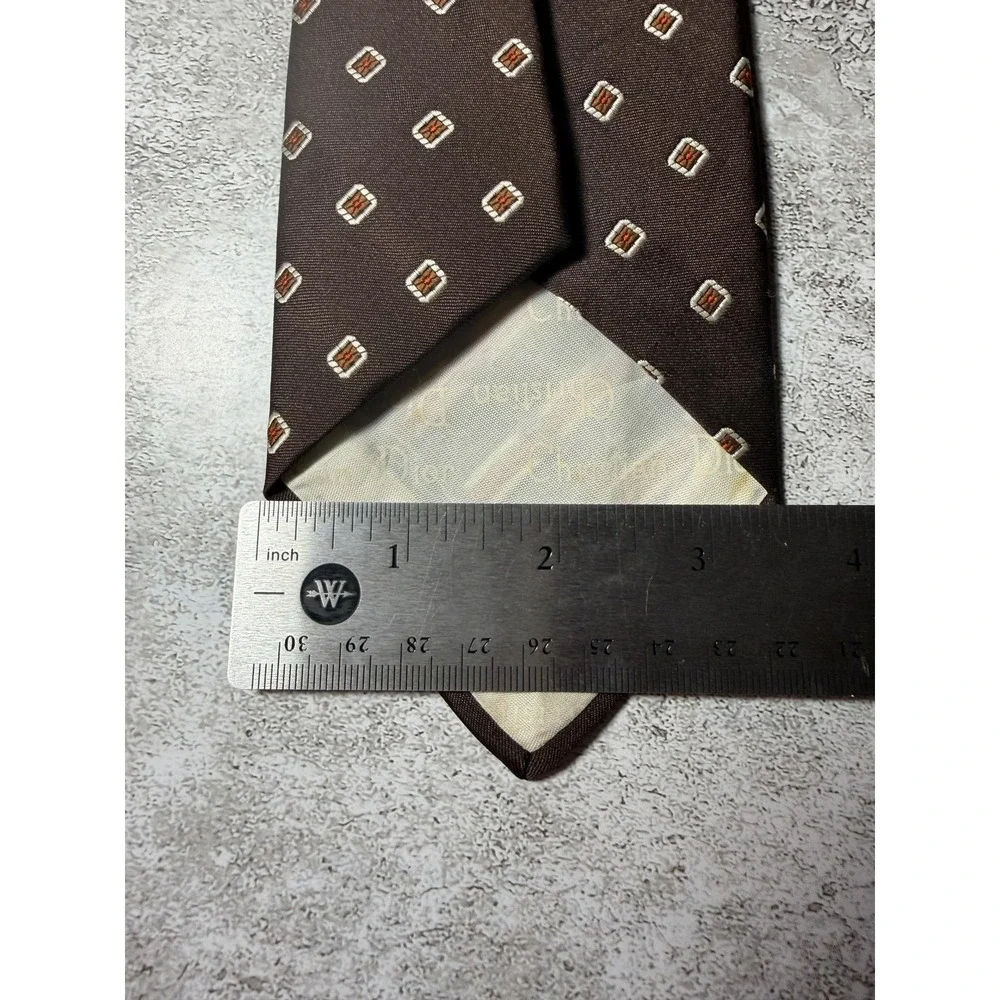 Christian Dior Polyester Satin Tie Mens One Size Brown Geometric Embroidered VTG